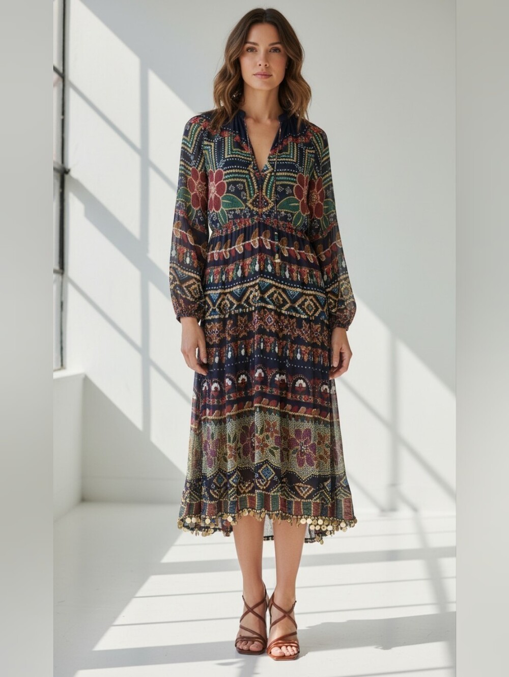 NWT FARM RIO Graphic Shine Maxi Dress Small  Metallic Lurex Coin Sequin Hem $275